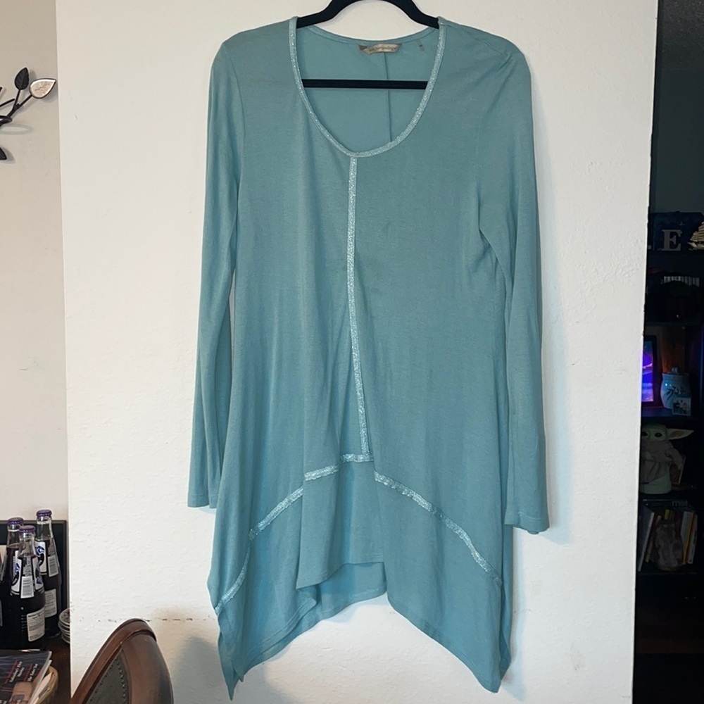 Soft Surroundings Blue Metallic Sofia Swing Long Sleeve Tunic Top Size PM - Picture 2 of 5